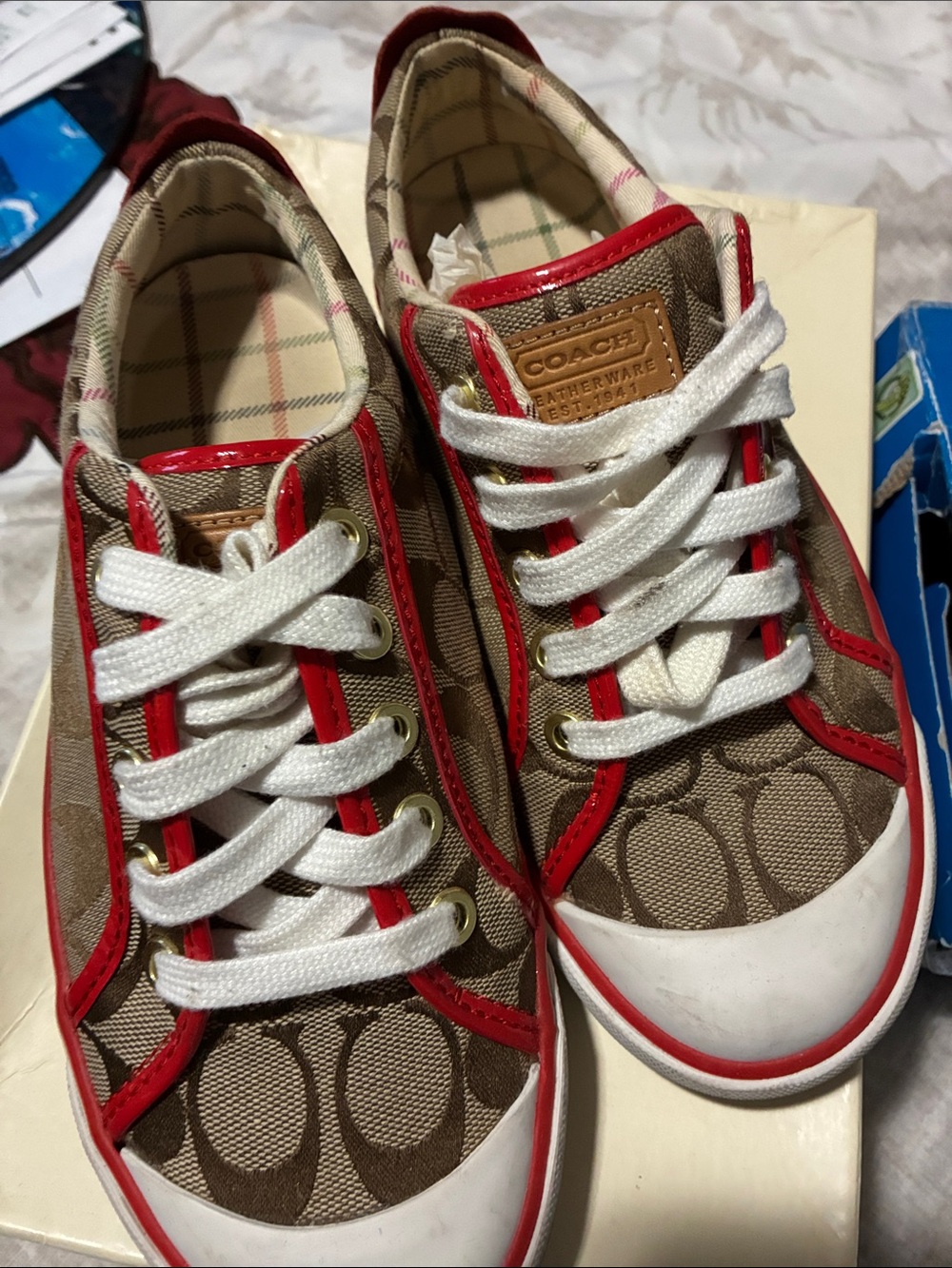COACH Kids Brown Signature Canvas Sneakers with Red Trim